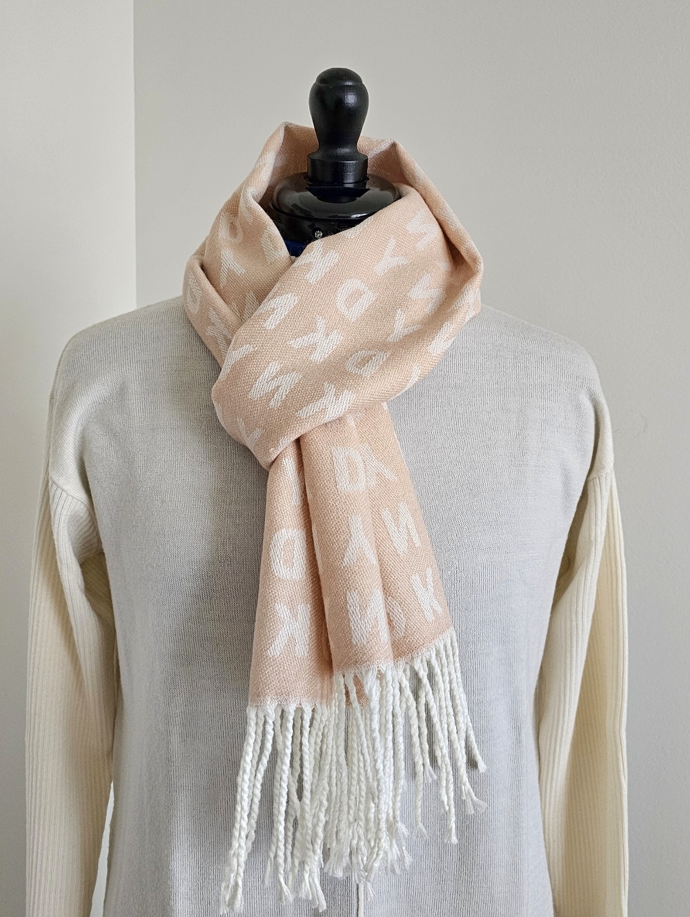 DKNY Logo Fringe Scarf Blush Pink Ivory Soft Cozy Fall Winter Luxe Chic Wrap